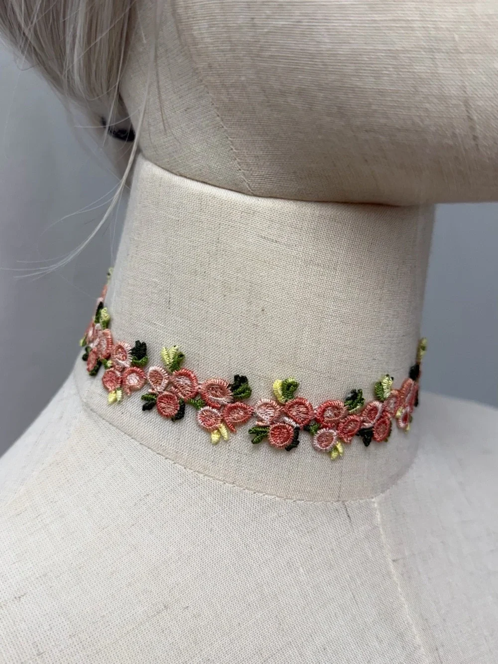 Pink Floral Lace Choker Necklace Embroidered Flowers Cottagecore Coquette